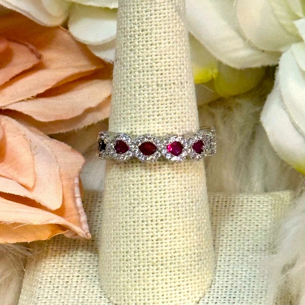 Pink Birthstone Gemstone & Diamond Accent Ring With Silver Setting New!